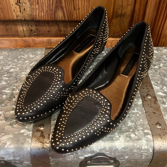 BCBGMaxazria Black Gold Studded Point Toe Leather Flats - Picture 2 of 8